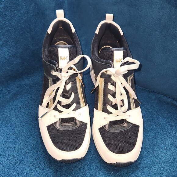 NWOT Michael Kors  Lace-Up Sneakers – Women’s Size 7M Black, Gold & Cream - Picture 2 of 16
